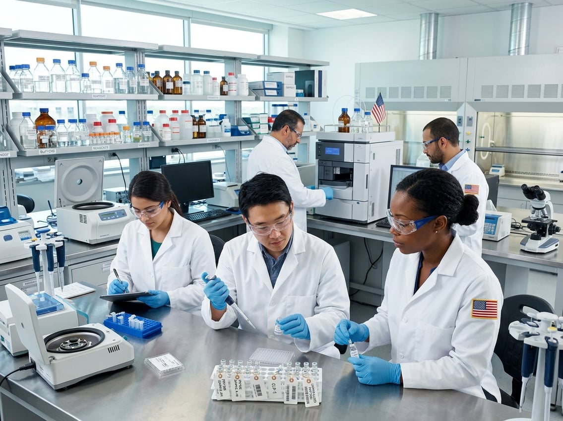 Scientists in a modern laboratory examining peptide samples with shelves of bottles in the background.