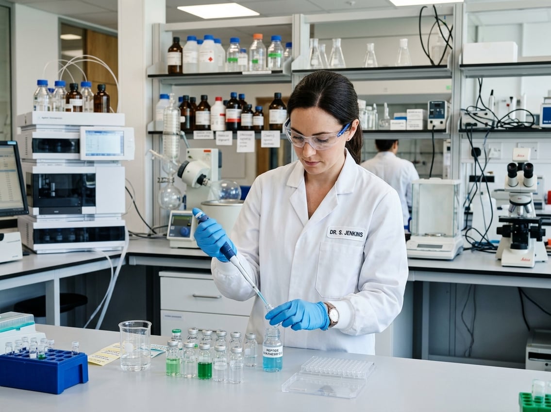 Scientist in a laboratory handling vials and pipettes with lab equipment in the background.