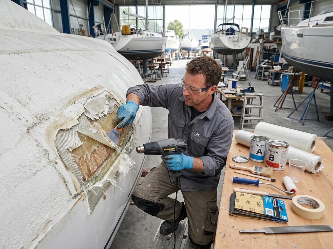 Technician repairing the delaminated fiberglass hull of a boat in a boatyard with repair tools and materials nearby.