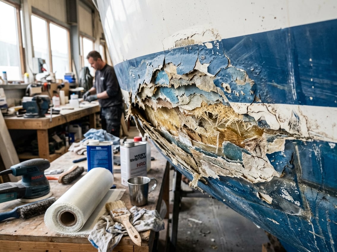 Close-up of a boat hull with peeling layers showing damage, with repair tools and materials in the background.
