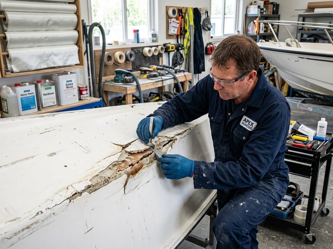 A close-up of a boat hull with delamination damage being inspected by a technician in a boat repair workshop.