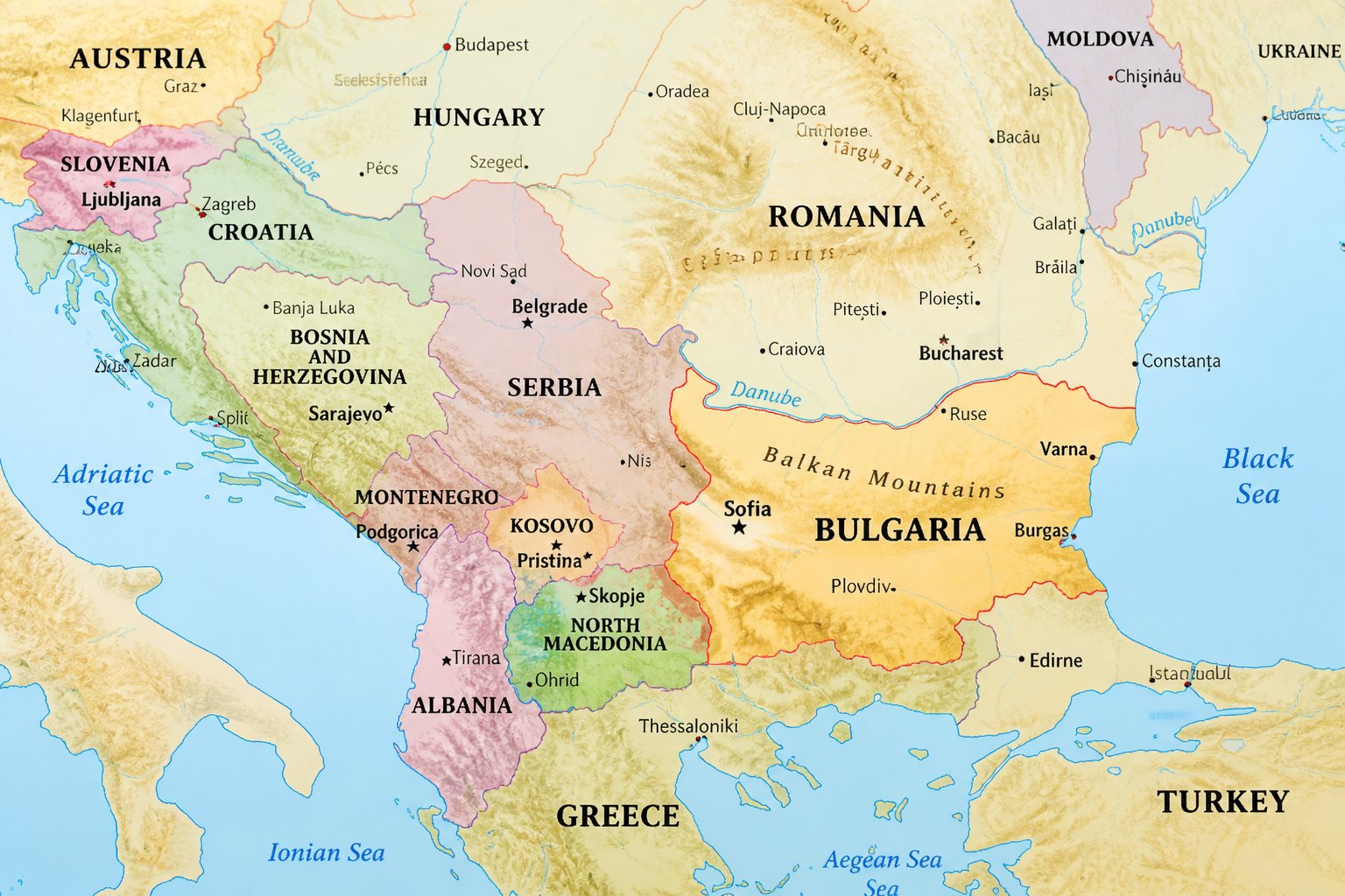 A detailed map showing Bulgaria and surrounding countries in Southeastern Europe on the Balkan Peninsula.