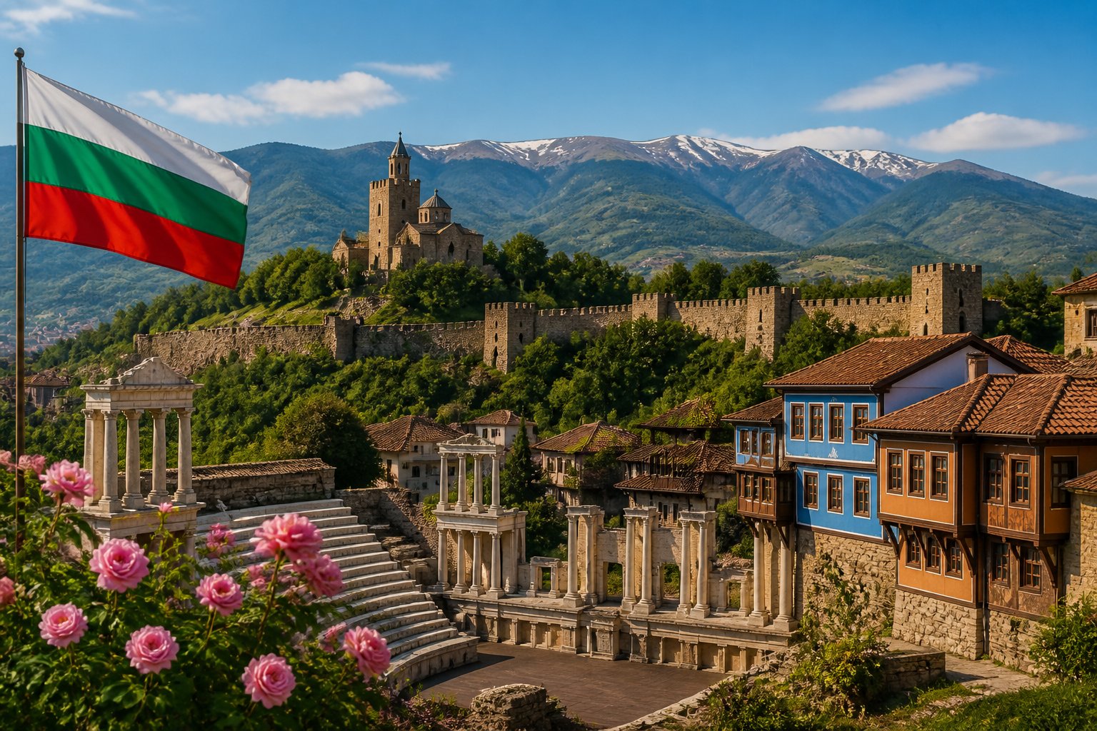 Panoramic view of Bulgarian historical landmarks including an ancient Roman theater, medieval fortress walls, traditional colorful houses, and the Balkan Mountains under a clear sky.