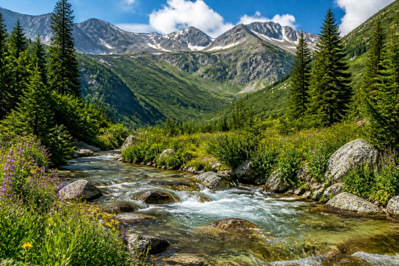 Panoramic view of Bulgaria's Balkan Mountains with a clear river, green forests, and wildflowers under a blue sky.