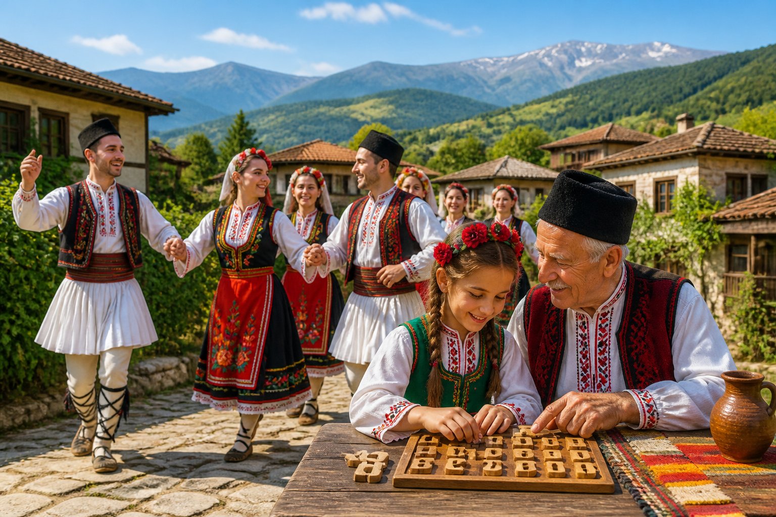 People in traditional Bulgarian clothing dancing in a village with stone houses and mountains in the background.