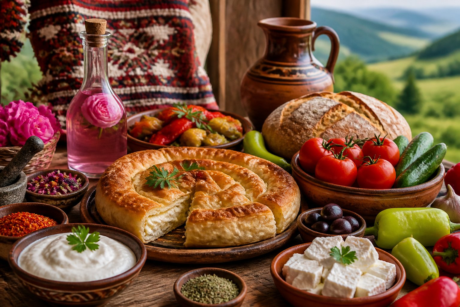 A table with traditional Bulgarian foods and local products including banitsa, fresh vegetables, yogurt, feta cheese, olives, bread, herbs, and a pottery jug, with a textile and countryside background.
