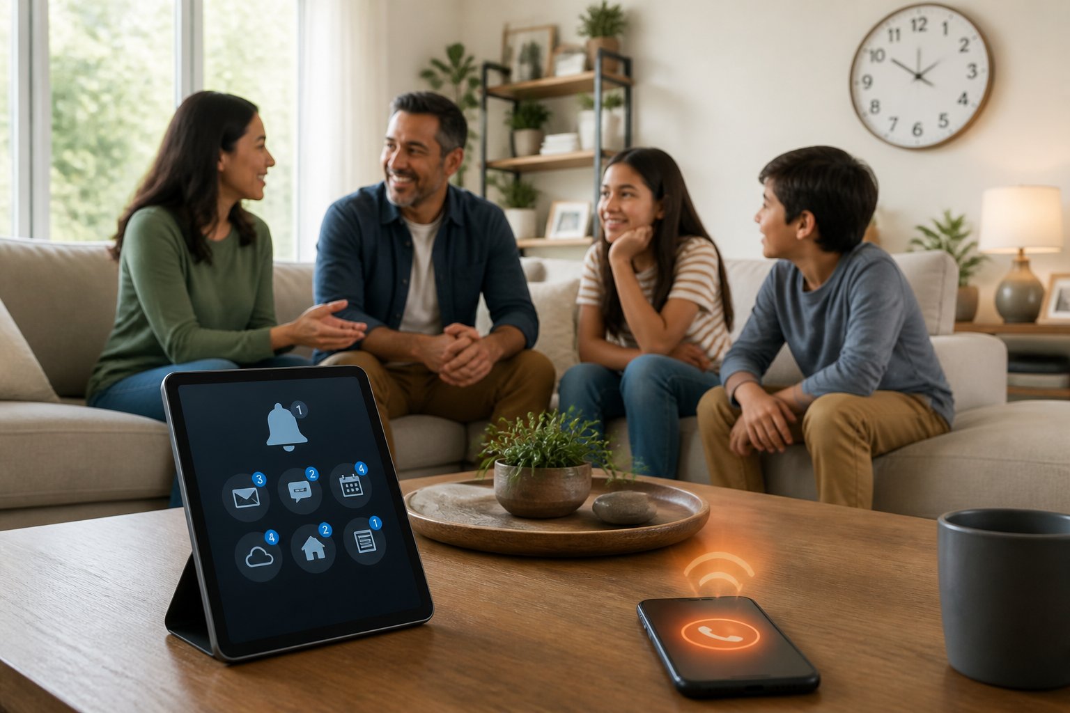 A family in a living room with a tablet showing grouped notifications, while a phone rings softly in the background.