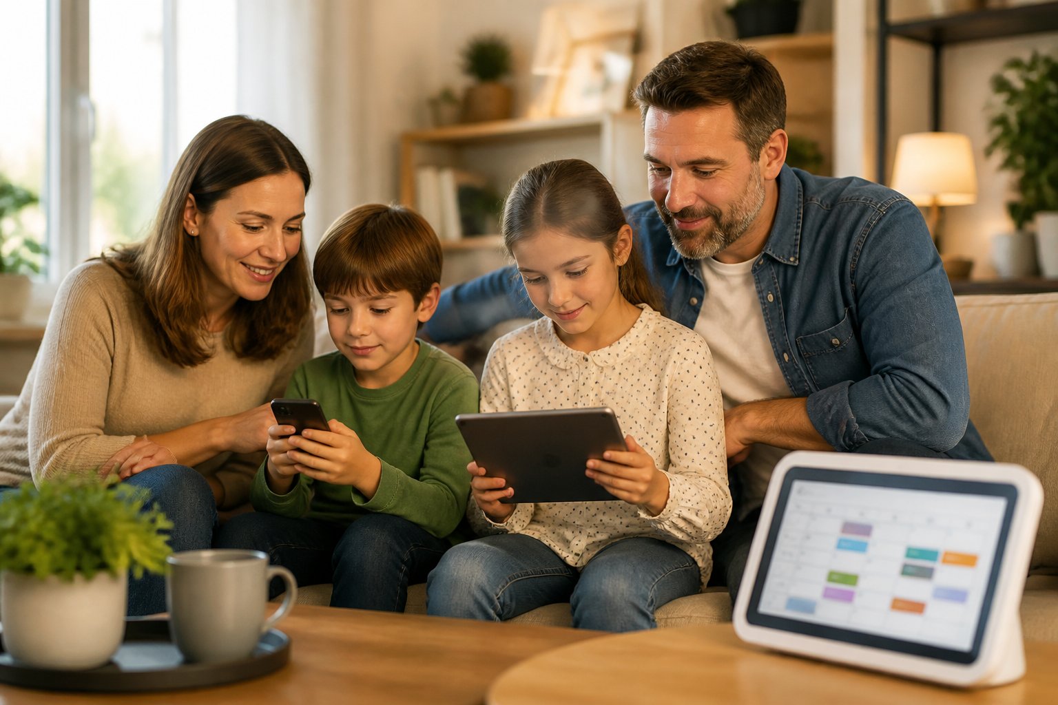 A family gathered in a living room using a smartphone and tablet, calmly managing notifications together.
