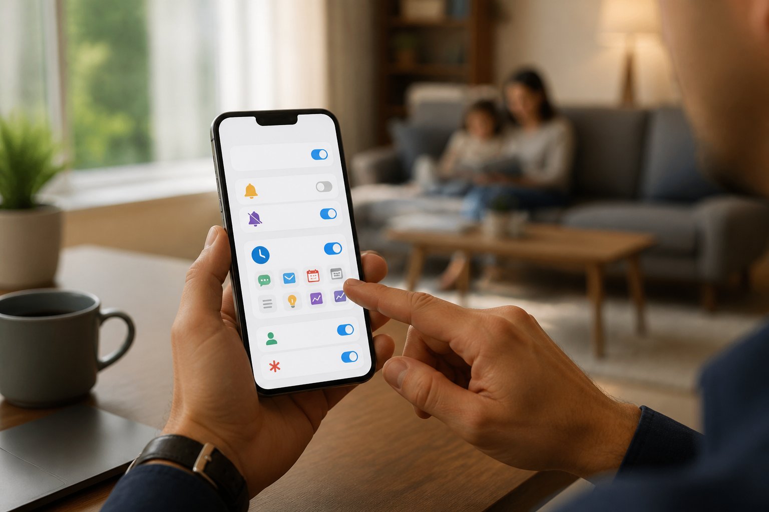 Person adjusting notification settings on a smartphone in a modern home office with a family living room in the background.