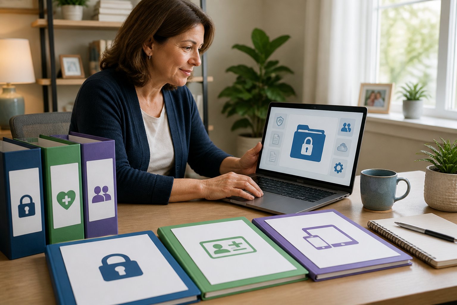A caregiver organizing digital and printed documents related to passwords, medical IDs, and device instructions on a desk with a laptop in a home office.
