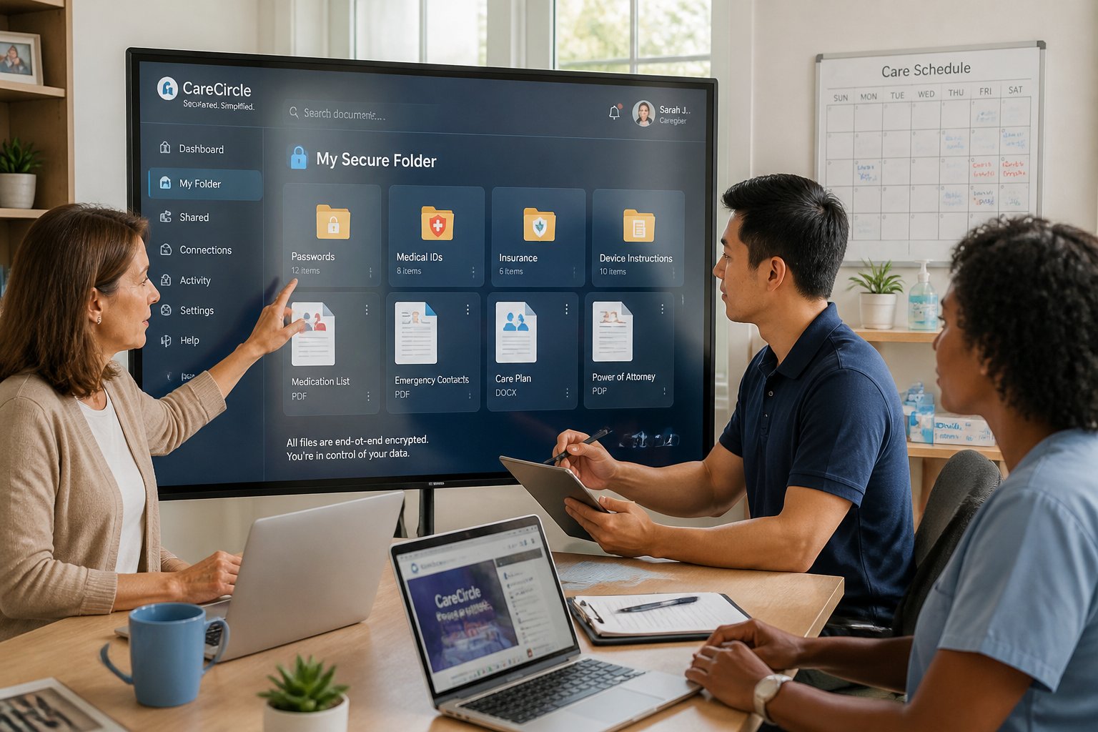Caregivers working together in a home office, organizing important documents on a large touchscreen display.