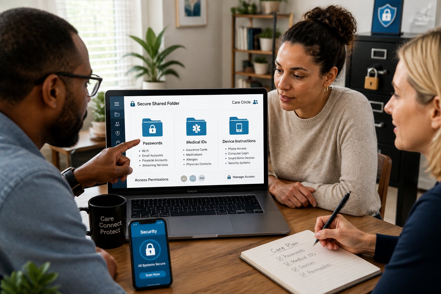 A group of caregivers collaborating around a laptop showing organized secure digital folders for passwords, medical IDs, and device instructions.