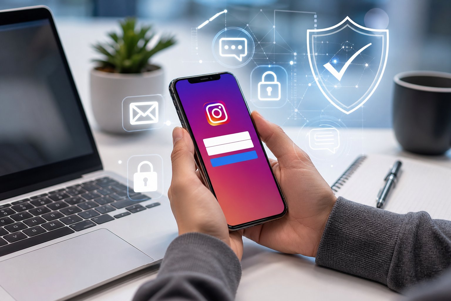 A smartphone showing the Instagram login screen on a desk with a laptop and notepad nearby, surrounded by abstract digital security icons.