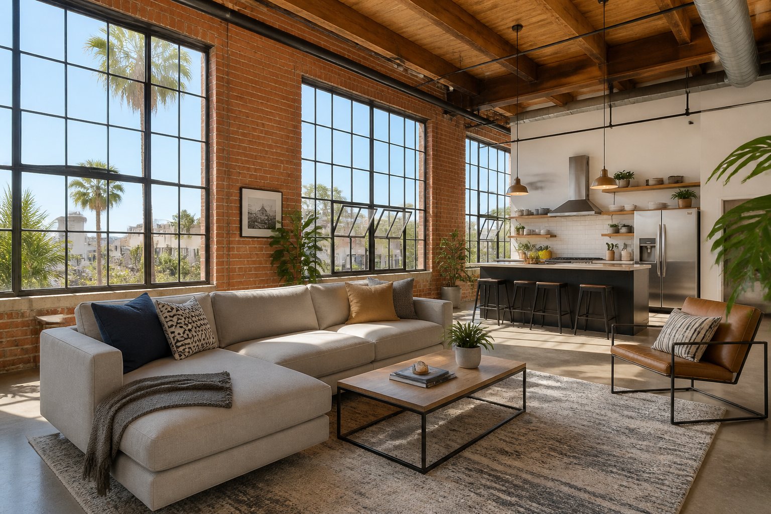 Interior of a bright loft apartment with large windows, exposed brick walls, and modern furniture.