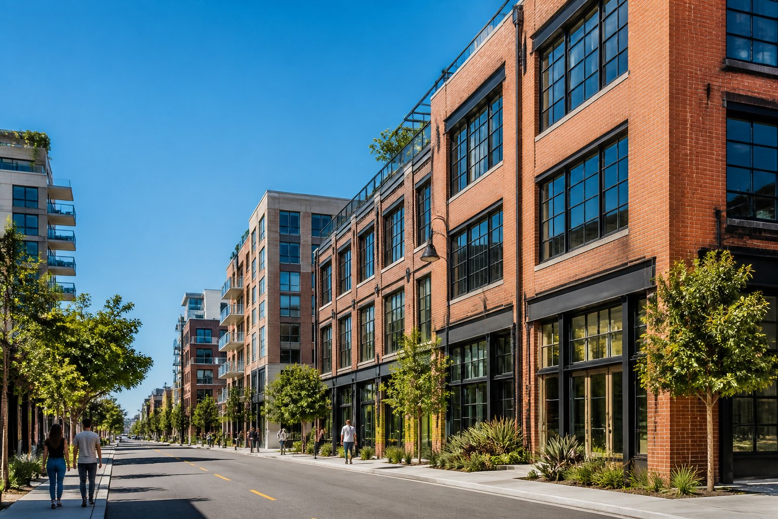 A modern urban neighborhood with stylish loft buildings, pedestrians, and greenery under a clear blue sky.