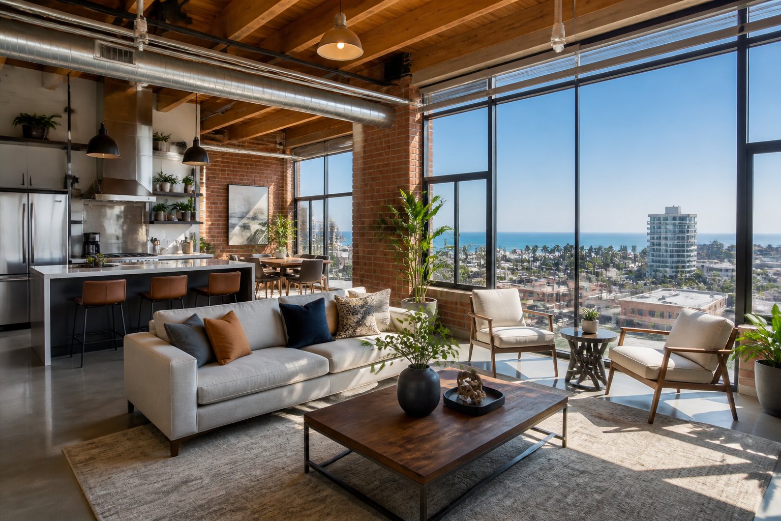 A bright, modern loft apartment with large windows overlooking a city and ocean view, featuring an open living area with a sofa, kitchen, and decorative plants.