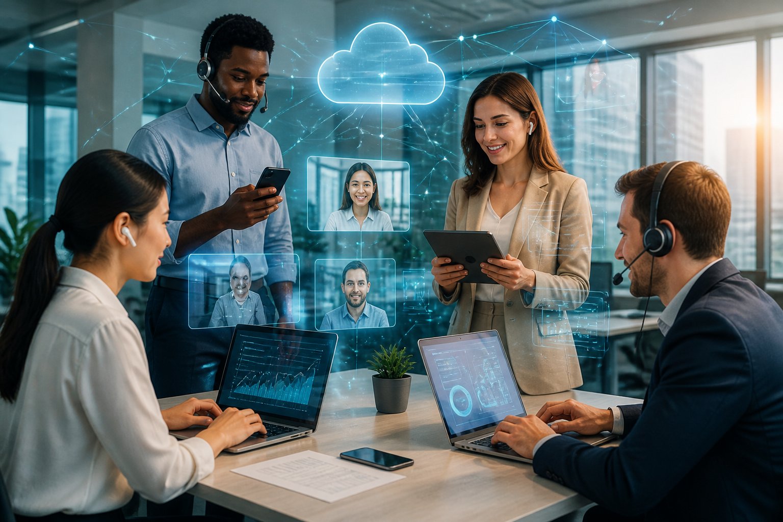 Business professionals collaborating in a modern office using laptops, smartphones, and headsets with digital network visuals representing cloud communication.