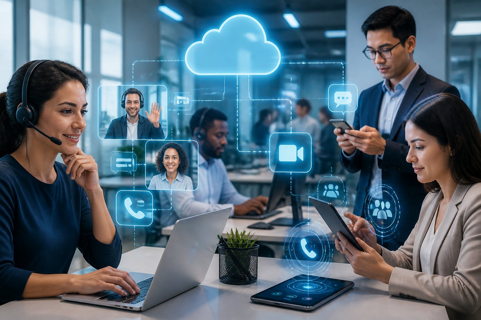 A group of professionals in an office using laptops, smartphones, and headsets, with digital icons representing communication and cloud connectivity floating around them.