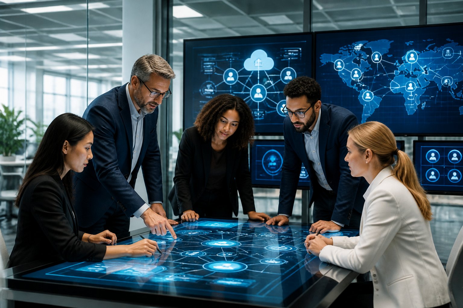Business professionals collaborating around a digital touchscreen table showing network diagrams and cloud communication icons in a modern office.