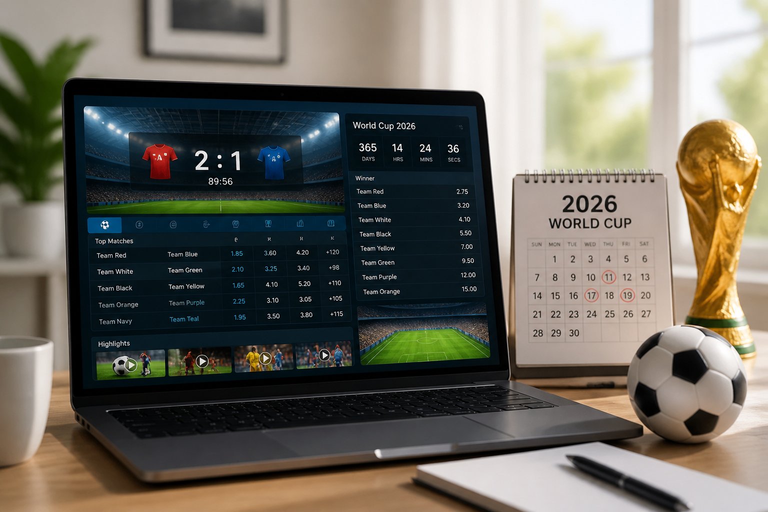 Sebuah laptop di meja yang menampilkan antarmuka taruhan olahraga dengan tema Piala Dunia 2026, dikelilingi oleh dekorasi kecil seperti bola sepak dan kalender.
