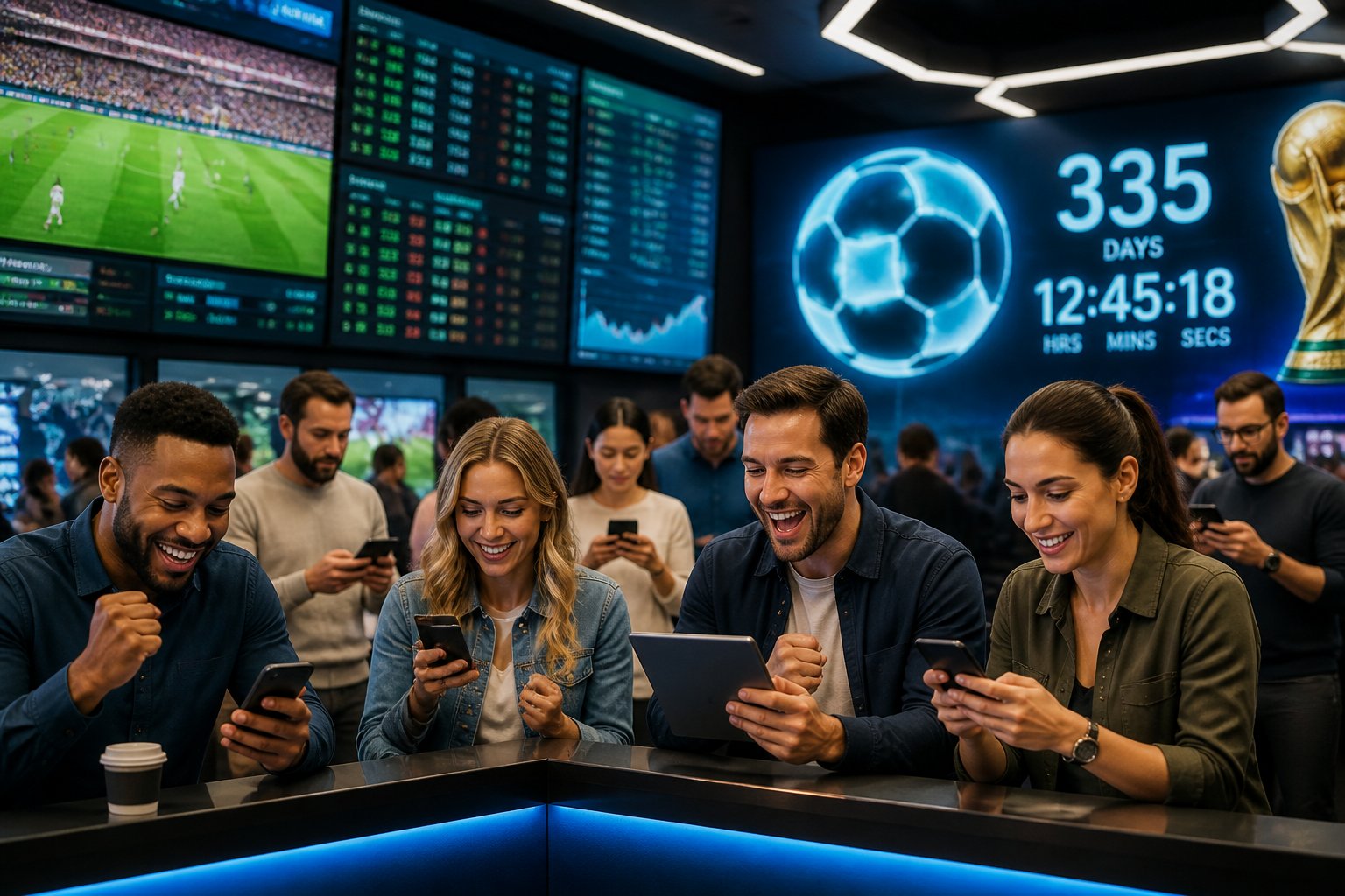 Orang-orang antusias memasang taruhan sepak bola Piala Dunia 2026 menggunakan perangkat digital di ruang modern dengan layar statistik pertandingan.