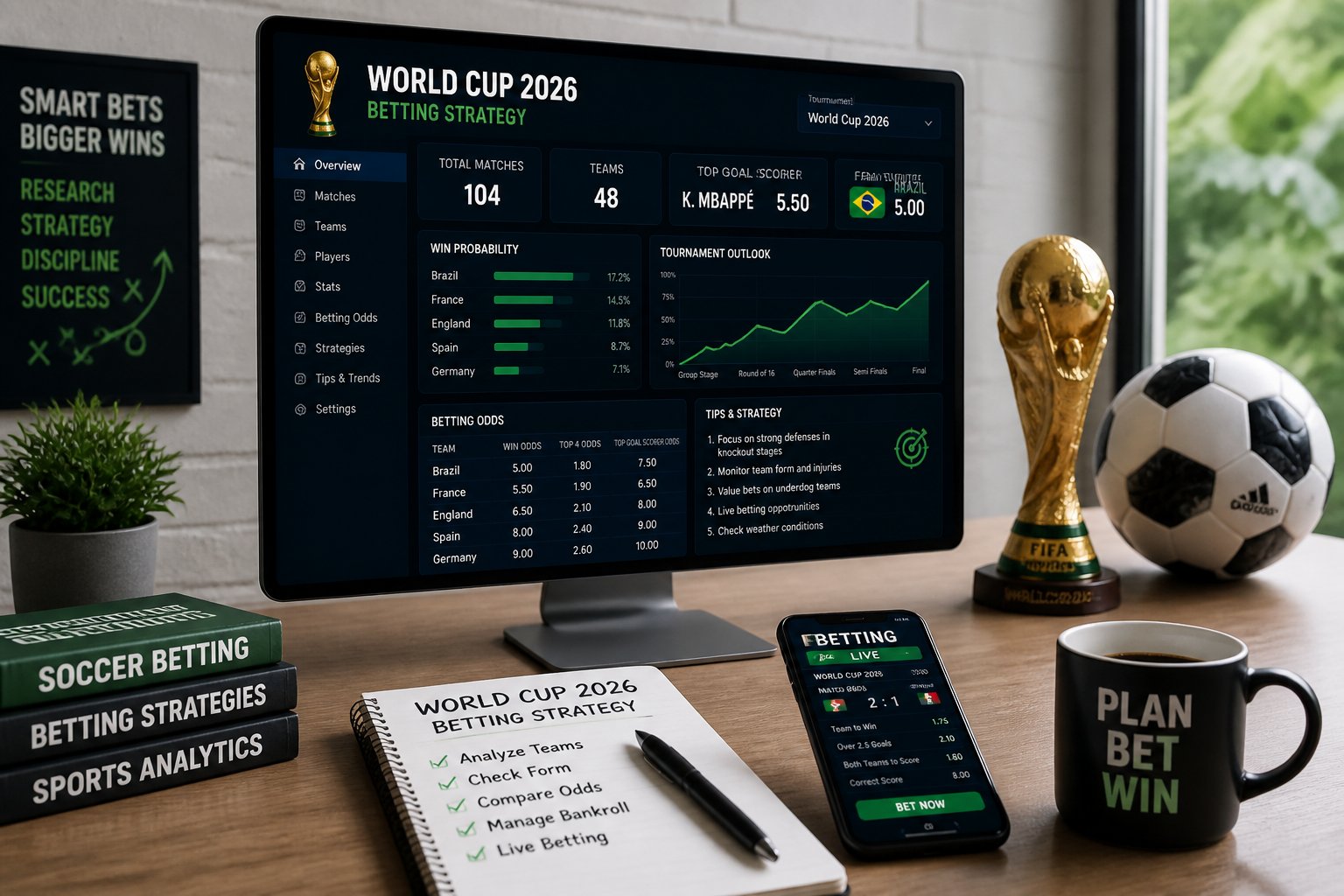 Seorang pria sedang bekerja di depan komputer dengan tampilan statistik dan peluang taruhan Piala Dunia 2026 di meja yang rapi.