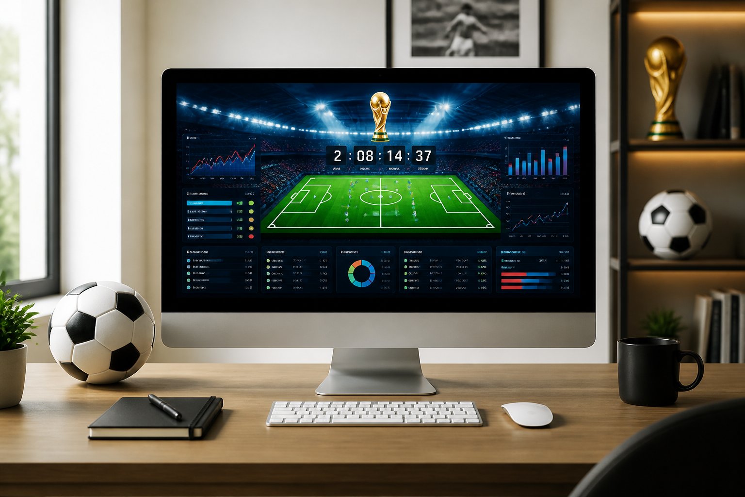 Meja kerja modern dengan komputer yang menampilkan antarmuka digital bertema sepak bola dan statistik taruhan untuk Piala Dunia 2026.