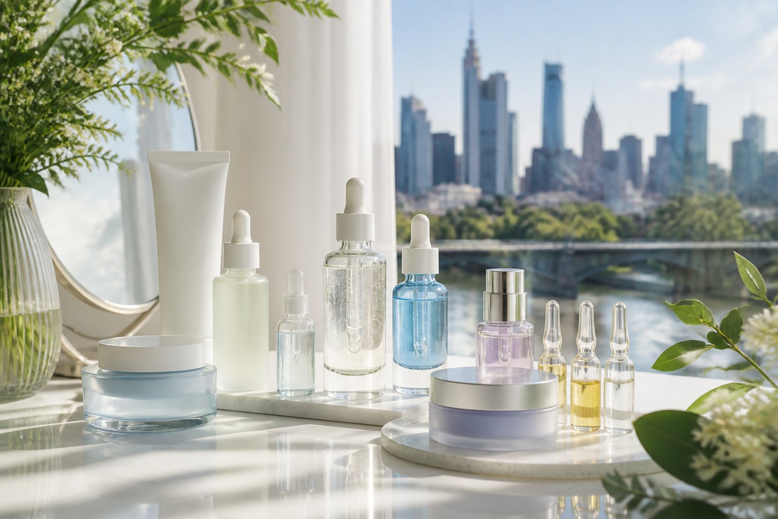 A skincare display featuring various Korean serums and treatments on a vanity table with plants nearby and Melbourne city skyline visible through a window.