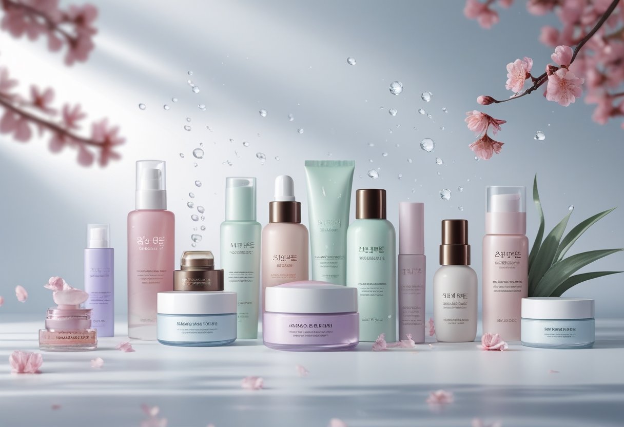 A neat arrangement of ten Korean skincare products on a white surface with soft pastel colours, surrounded by snowflakes, cherry blossoms, and water droplets.