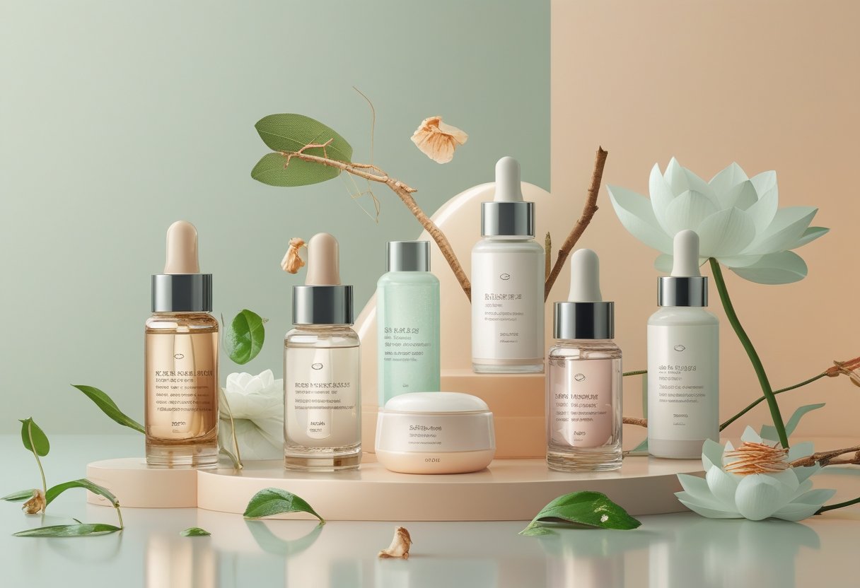 An arrangement of Korean skincare essences and serums with botanical elements on a soft pastel background.