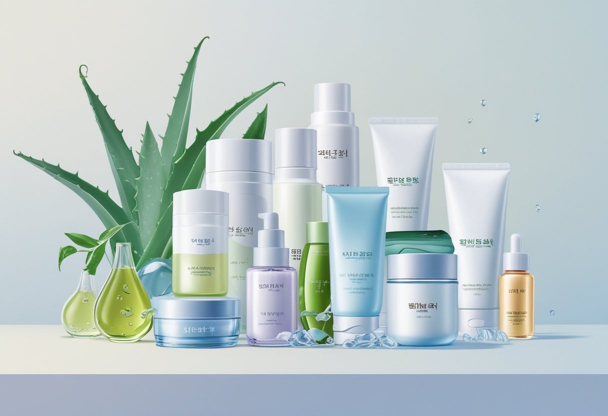 An arrangement of various Korean skincare products for barrier repair and moisturising, surrounded by natural ingredients like aloe vera and green tea, with subtle background patterns representing different skin types.