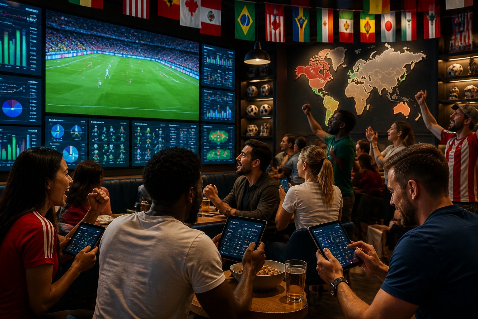 Sekelompok penggemar sepak bola yang antusias menonton pertandingan Piala Dunia 2026 di sebuah bar olahraga modern dengan layar besar dan suasana penuh semangat.
