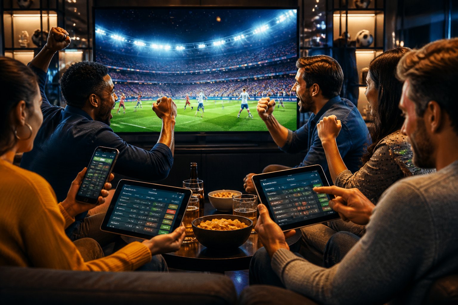 Sekelompok orang sedang menonton pertandingan sepak bola dan menggunakan perangkat digital untuk memasang taruhan di acara Piala Dunia 2026.