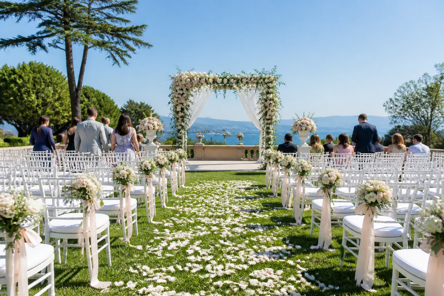 Rows of white chairs arranged outdoors on green grass with a decorated wedding arch in the background.