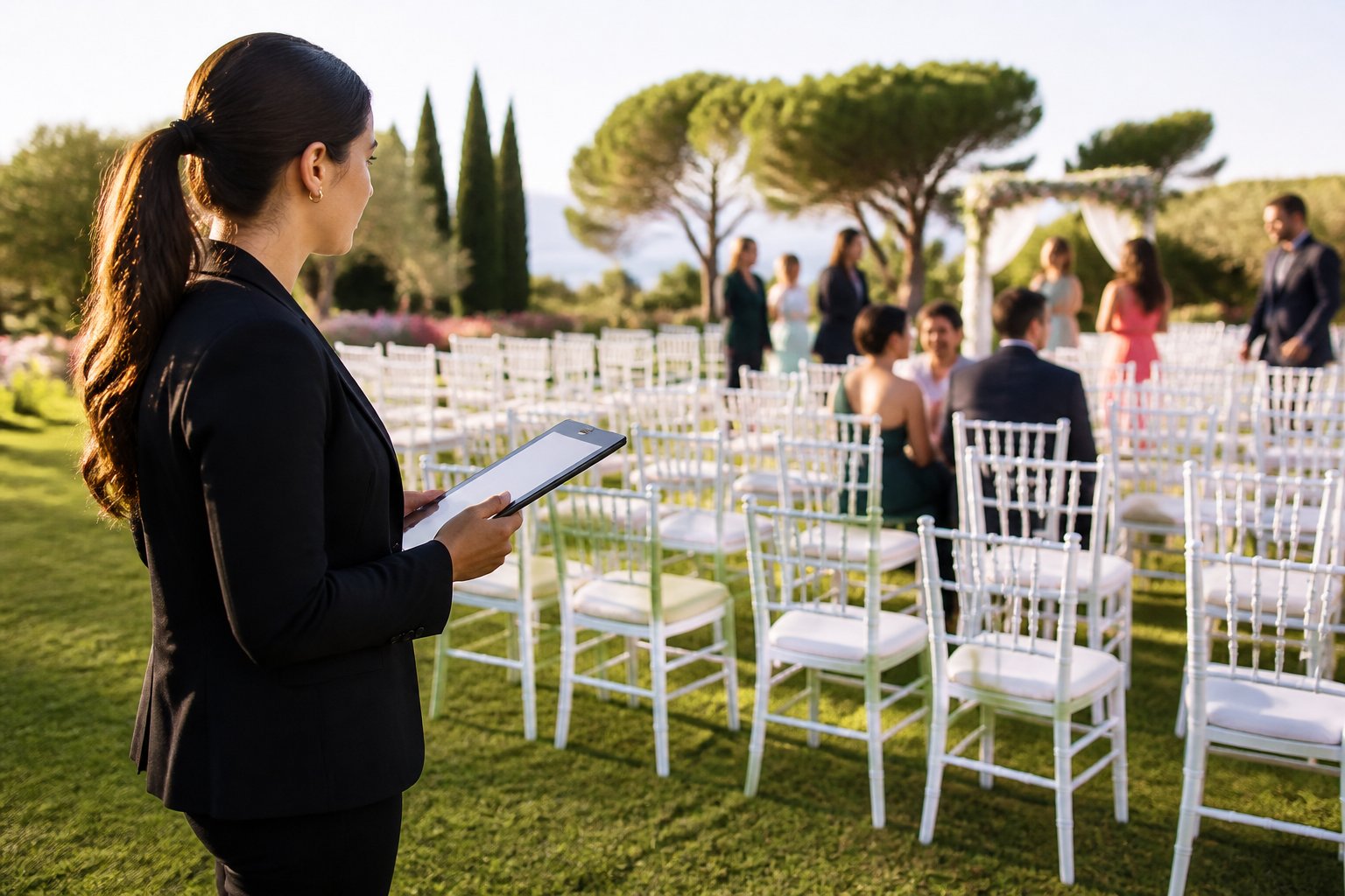 An event planner reviews seating arrangements among rows of white chairs set up for an outdoor wedding ceremony.