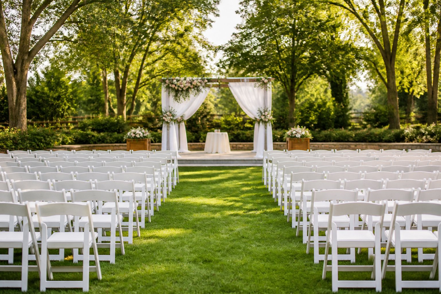 Rows of white chairs arranged outdoors on a green lawn facing a decorated wedding altar.