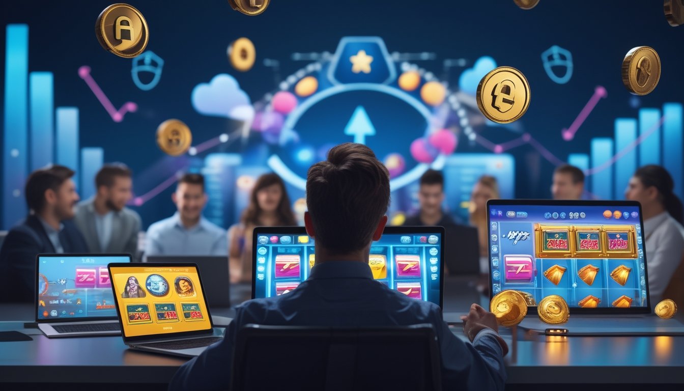 Beberapa orang menggunakan perangkat digital untuk bermain permainan slot online dengan latar belakang yang menunjukkan suasana kemenangan dan keamanan.
