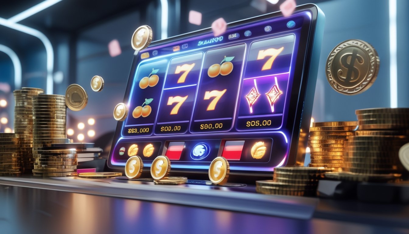 Layar perangkat menampilkan mesin slot online dengan simbol warna-warni, dikelilingi oleh tumpukan koin emas dan lampu jackpot yang menyala.