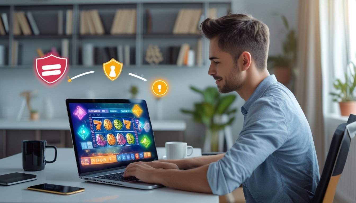 Seorang pria muda duduk di meja dengan laptop yang menampilkan permainan slot online, di ruangan yang terang dan rapi dengan tanaman dan rak buku di latar belakang.