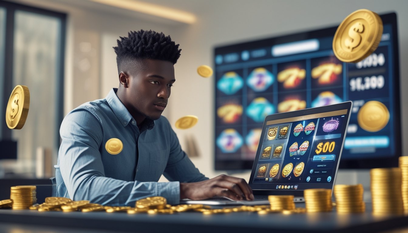 Seorang pria muda duduk di meja dengan laptop yang menampilkan permainan slot online, dikelilingi simbol keamanan dan hadiah besar.