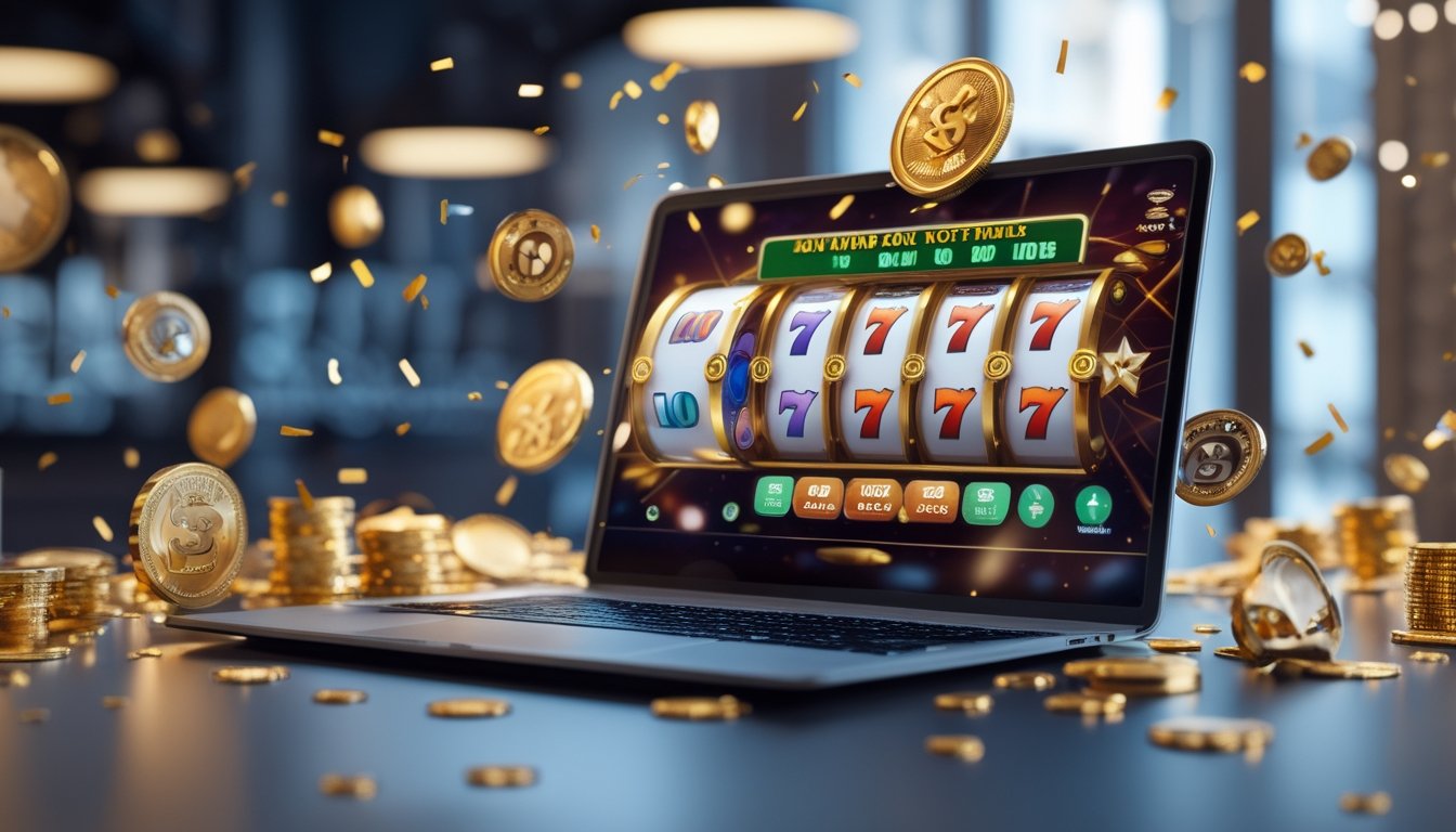 Seorang pengguna sedang bermain permainan slot online di komputer dengan tampilan grafik mesin slot yang berwarna-warni dan simbol kemenangan.