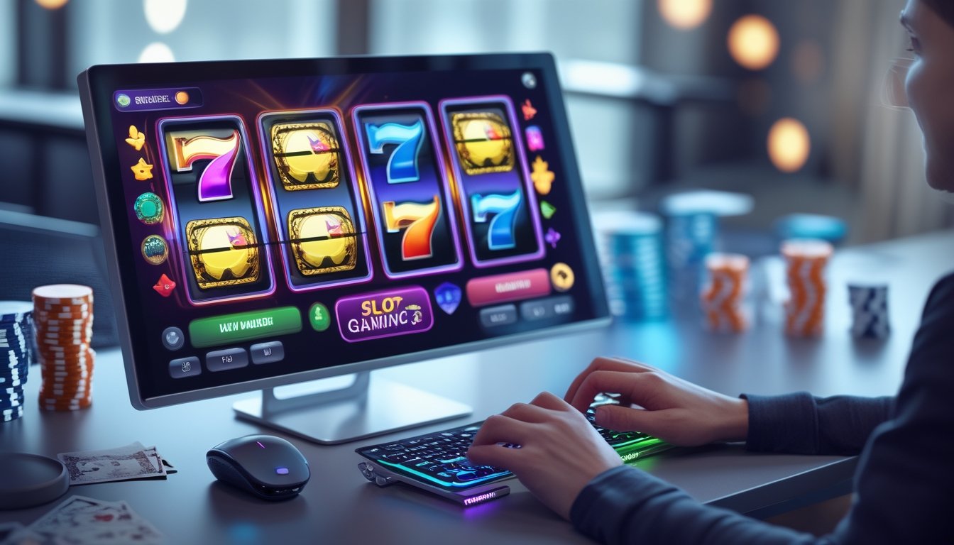 Seorang pemain menggunakan komputer dengan layar menampilkan permainan mesin slot berwarna-warni di meja kerja yang rapi dengan elemen kasino di latar belakang.