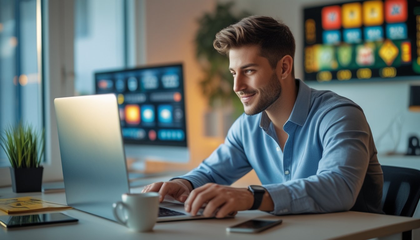 Seorang pria muda duduk di meja kerja modern menggunakan laptop dengan perangkat lain di sekitarnya, tampak fokus dan percaya diri dalam suasana rumah yang terang dan rapi.
