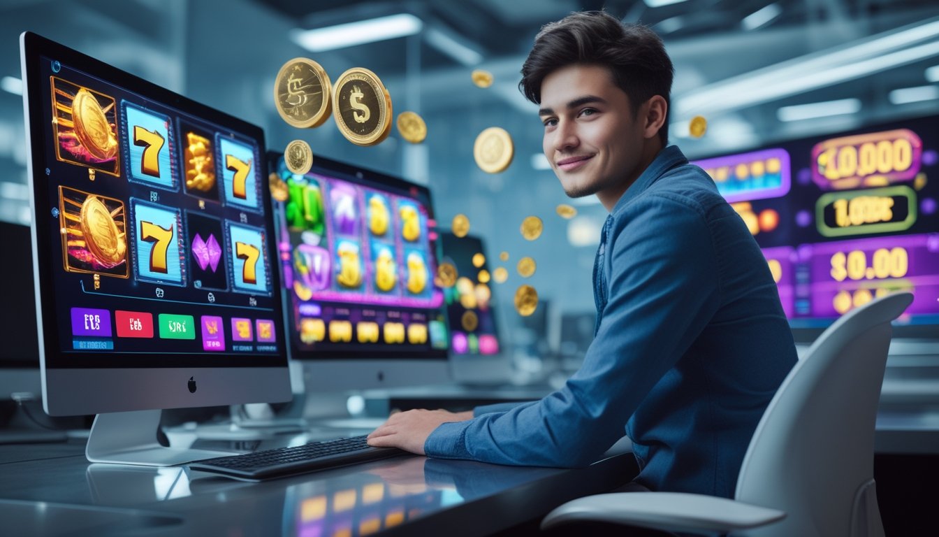 Seorang dewasa muda duduk di depan komputer dengan layar menampilkan permainan slot online berwarna-warni dan ikon bonus besar.