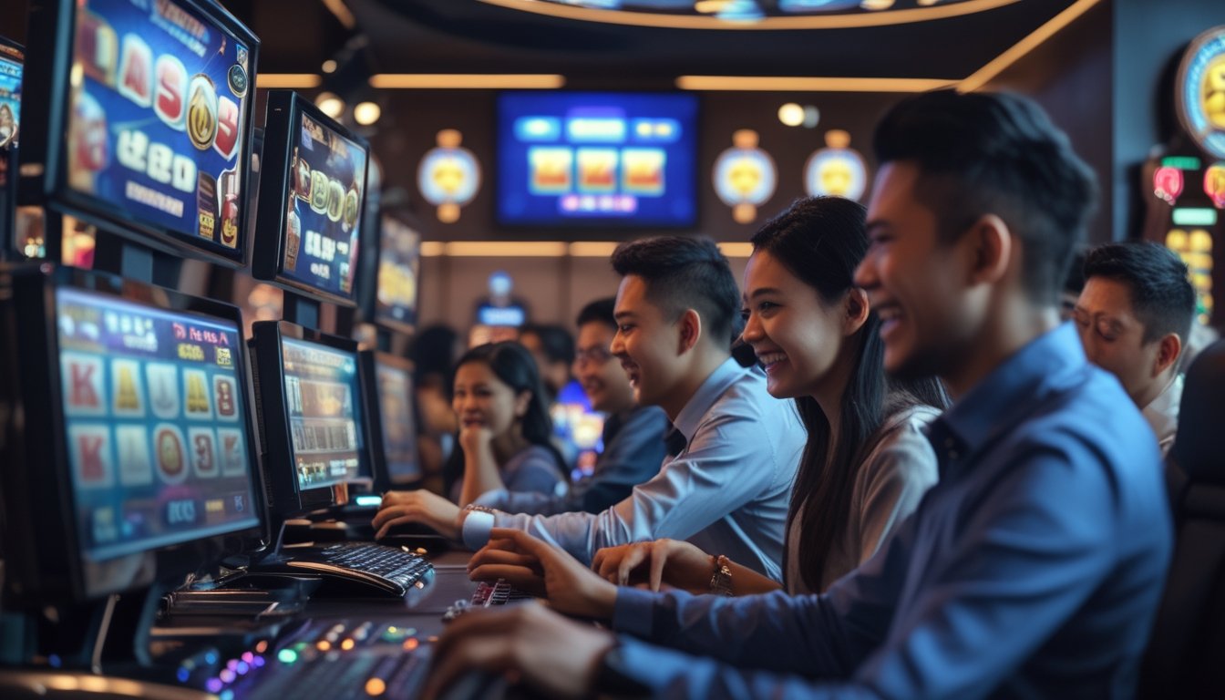 Sejumlah pemain Indonesia sedang bermain mesin slot online dengan ekspresi antusias di sebuah ruangan modern.