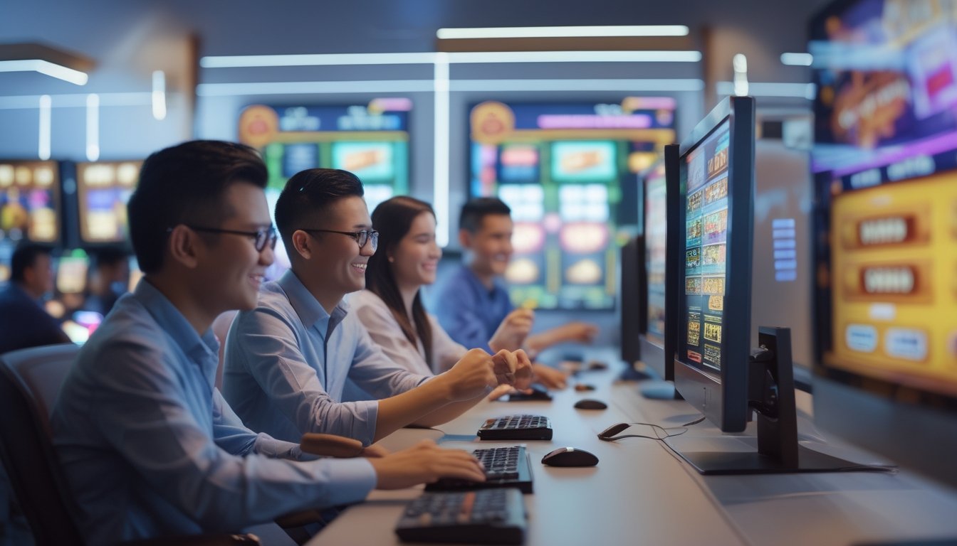 Beberapa orang Indonesia sedang bermain permainan slot online di komputer dengan suasana yang ceria dan profesional.