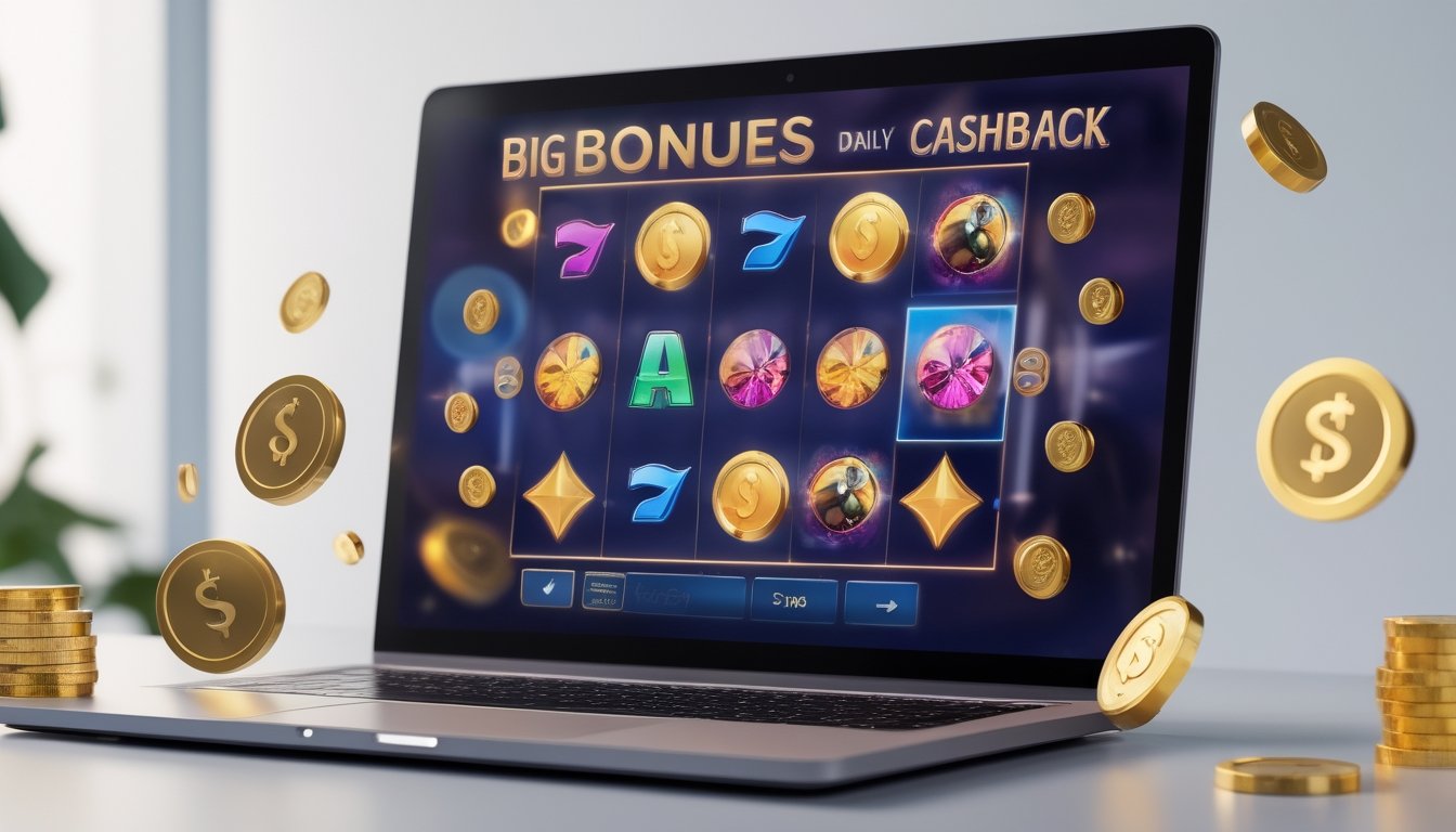 Sebuah komputer menampilkan permainan slot online dengan ikon koin dan tumpukan uang di sekitarnya.