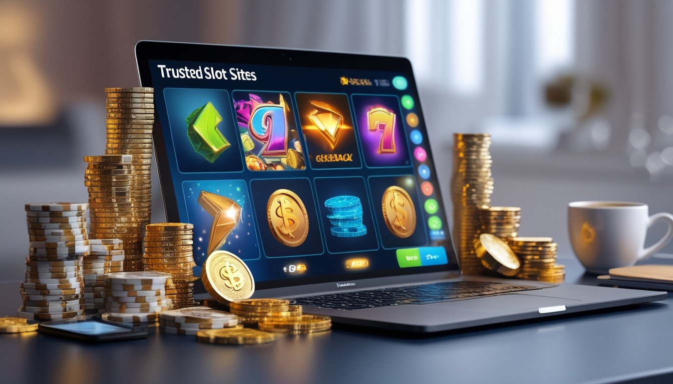Seorang pengguna di depan laptop yang menampilkan permainan slot online dengan tumpukan chip kasino dan koin emas di meja.