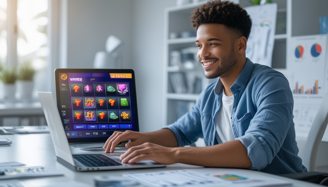Seseorang sedang bermain slot online di laptop sambil mengelola keuangan di ruang kerja rumah yang rapi.