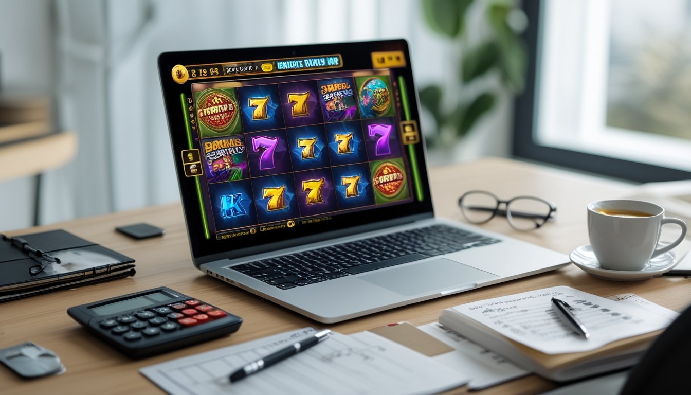 Seorang pemain slot online sedang duduk di depan laptop dengan layar permainan slot yang berwarna-warni, di meja terdapat alat perencanaan keuangan seperti kalkulator dan buku catatan.